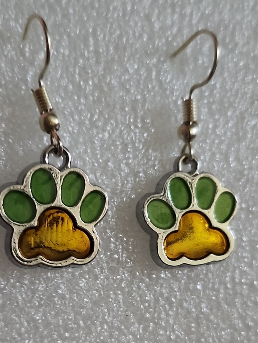 Hand Crafted Green and Yellow Paw Print Earrings